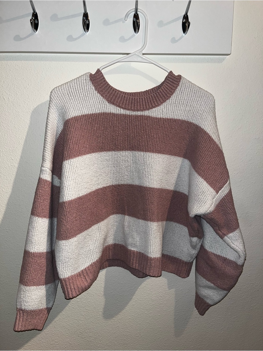 Hollister Mauve and Cream Striped Crewneck Sweater